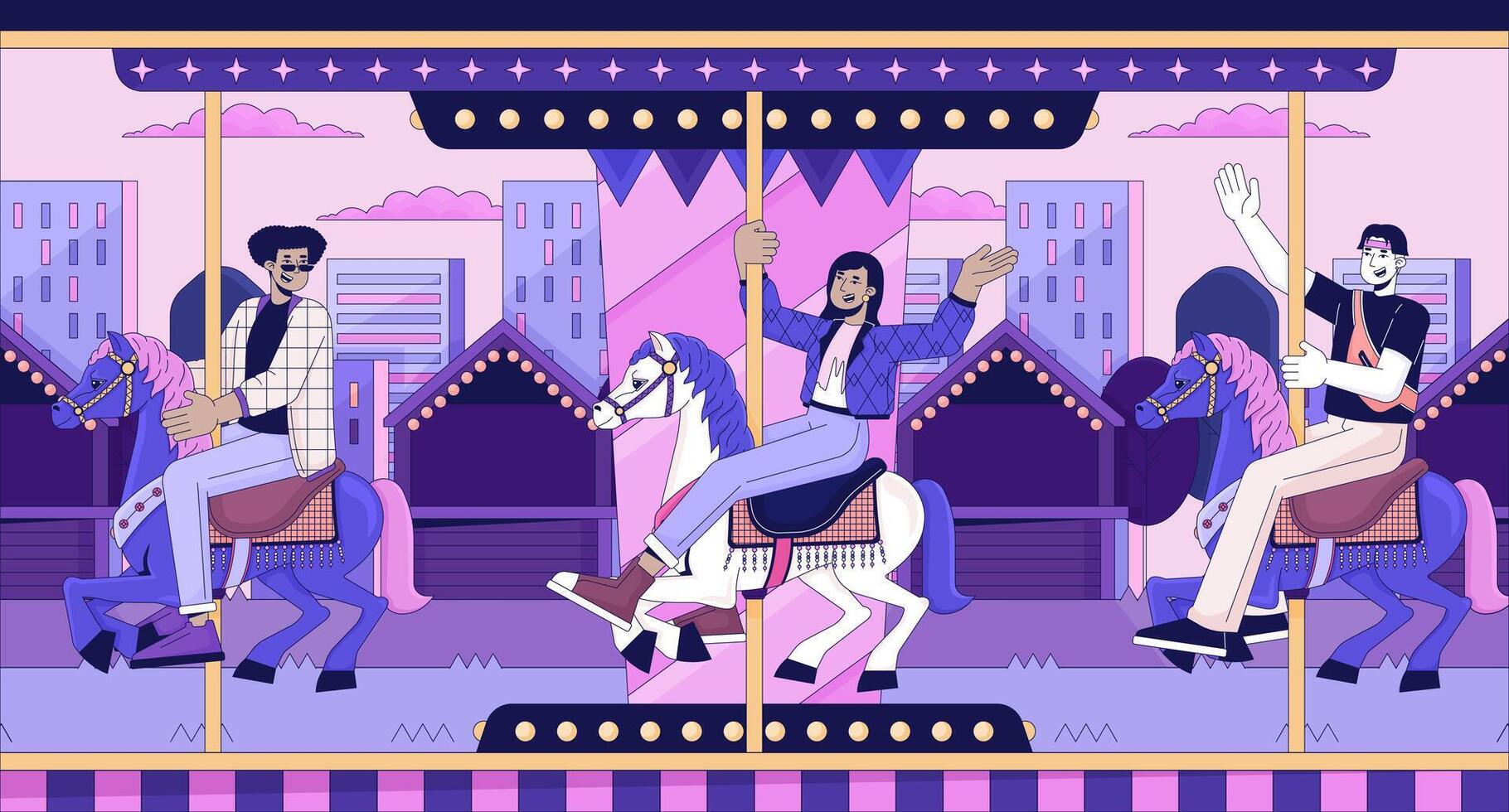 Friends on carousel amusement park line cartoon flat illustration. Roundabout fun diverse young adults 2D lineart cityscape background. Fair merry-go-round. Lo fi vibes scene vector color image