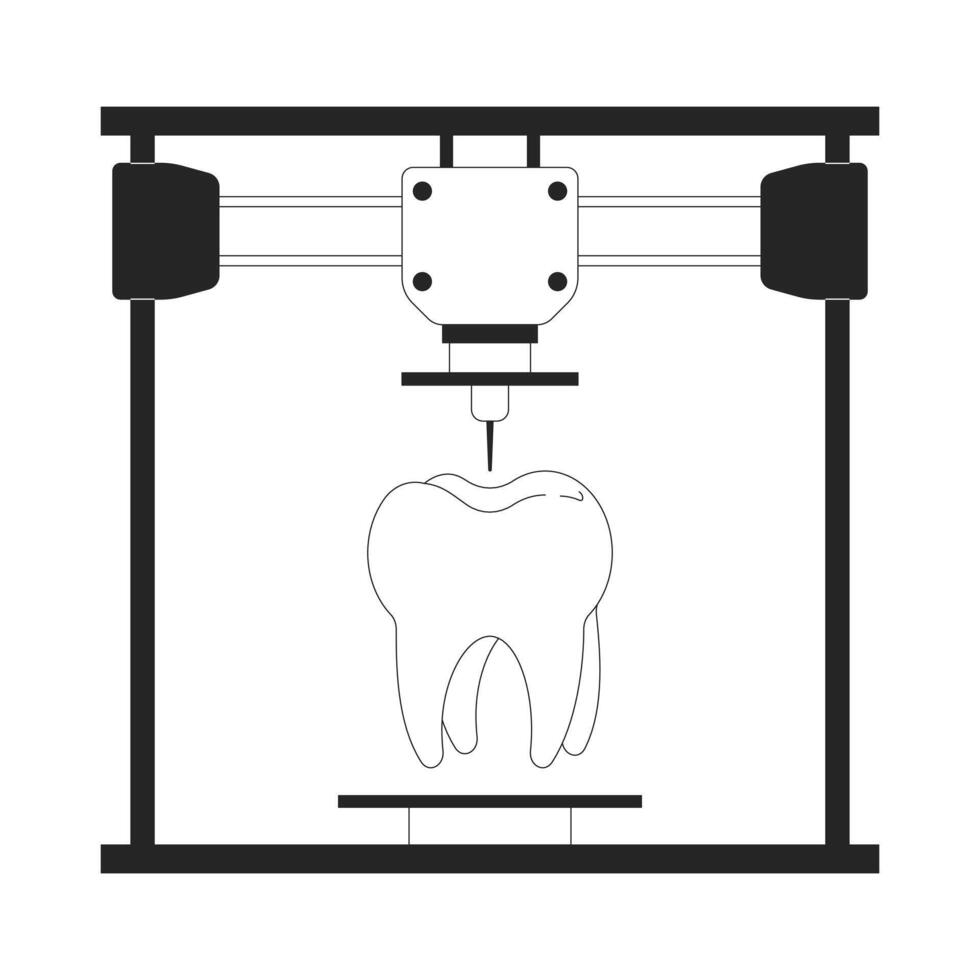 Dental implant denture on 3d printer black and white 2D line cartoon object. Additive manufacturing device isolated vector outline item. Tech three-dimensional monochromatic flat spot illustration