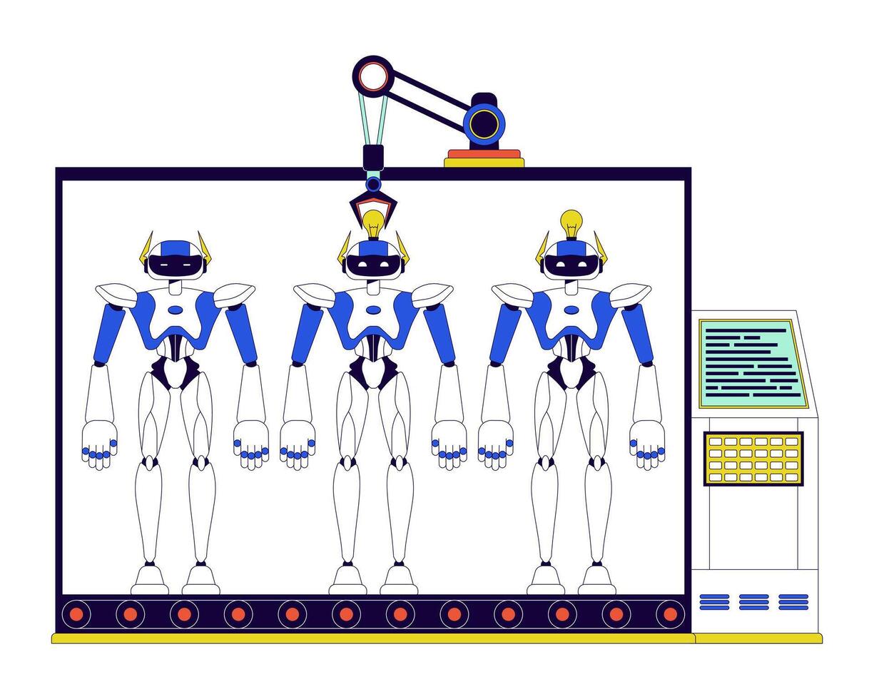 Manufacturing robots 2D linear cartoon characters. Robotics and electronics industrial facility isolated line vector items white background. Machines production plant color flat spot illustration