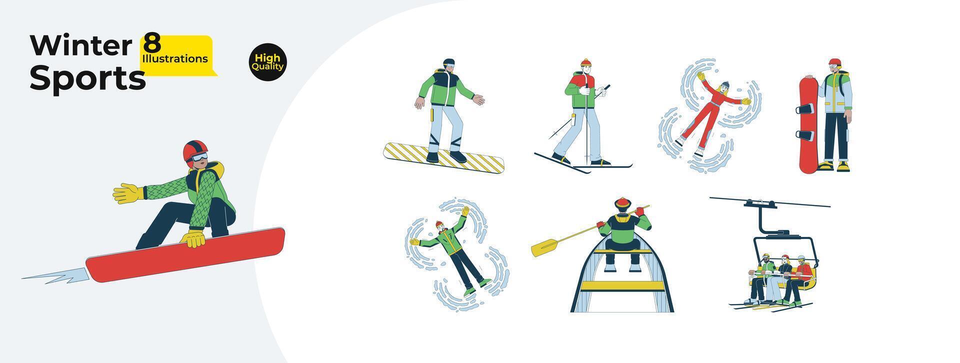 Ski resort in snowy mountains line cartoon flat illustration bundle. Ski lift, snowboarder skier outerwear 2D lineart characters isolated on white background. Winter vector color image collection