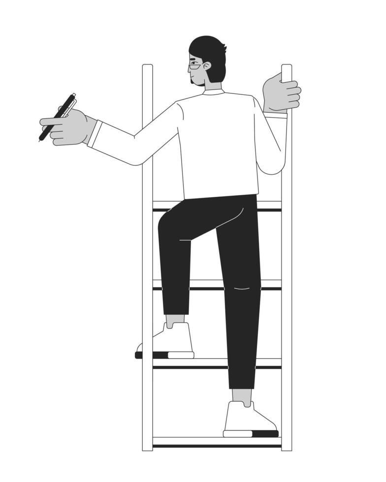 Arab man climbing ladder holding pen black and white 2D line cartoon character. Middle eastern guy eyeglasses isolated vector outline person. Moving up progression monochromatic flat spot illustration