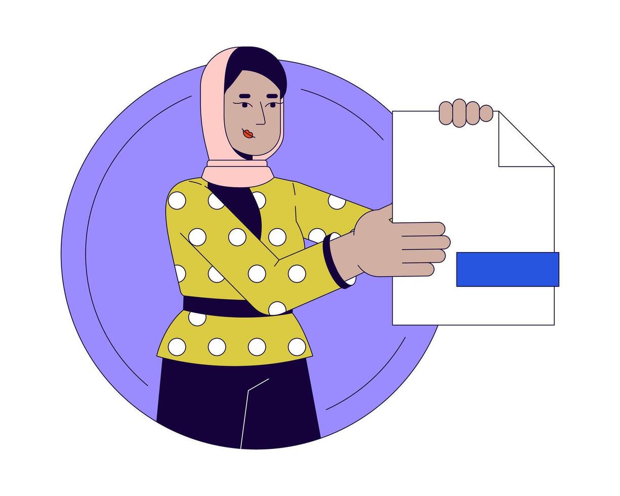 Muslim office worker with paper 2D linear cartoon character. Female manager holding document isolated line vector person white background. Business paperwork control color flat spot illustration