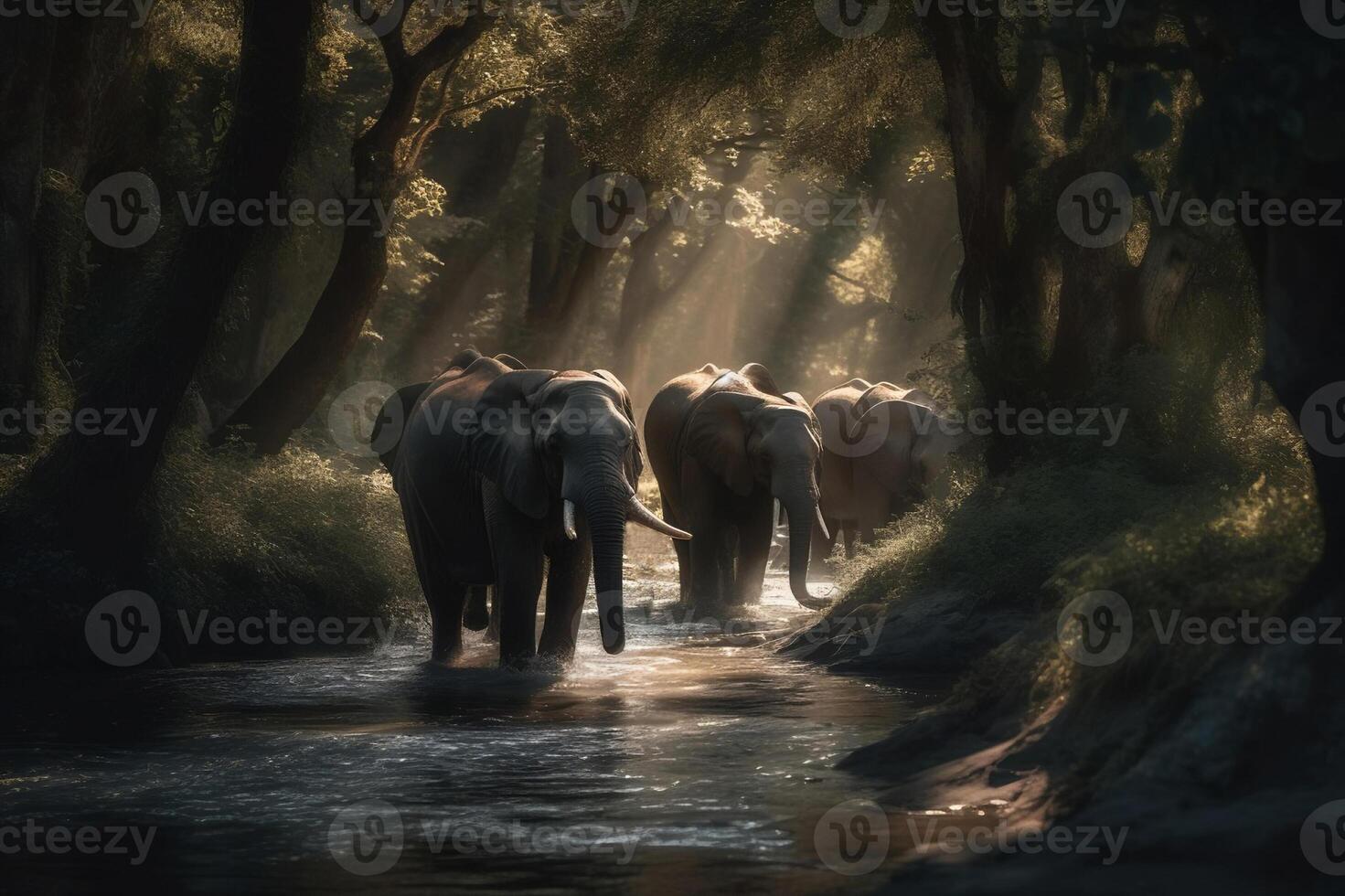 ai generado elefantes en sereno bosque corriente en su natural hábitat. creado con generativo ai foto