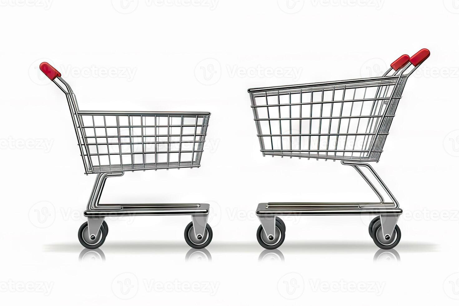 AI generated Side view of an empty metallic shopping cart isolated on white background. created with Generative AI photo