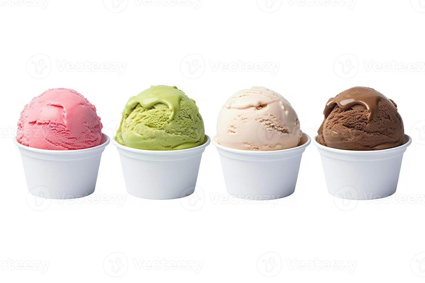 AI generated Delicious ice cream scoops in white cups of chocolate, strawberry, vanilla, and green tea flavors isolated on white background. created with Generative AI photo