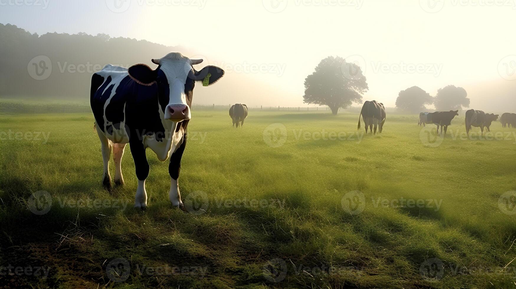 AI generated Peaceful Scene of a Herd of Cows Grazing. created with Generative AI photo