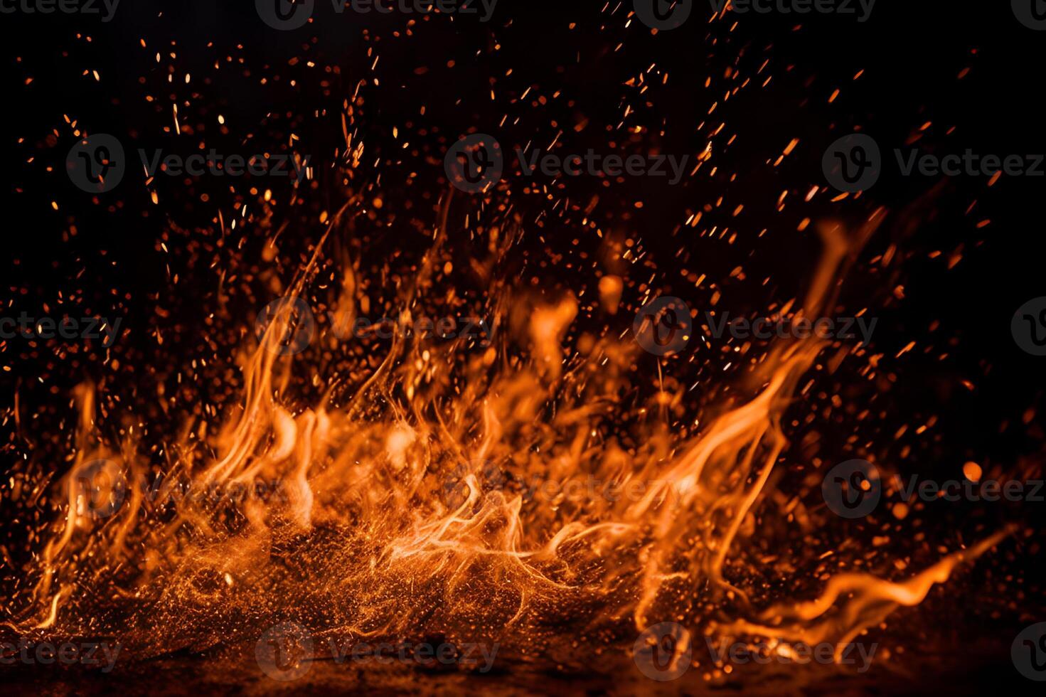 AI generated Fiery sparks on black Details of blazing flames isolated on a dark background. created with Generative AI photo