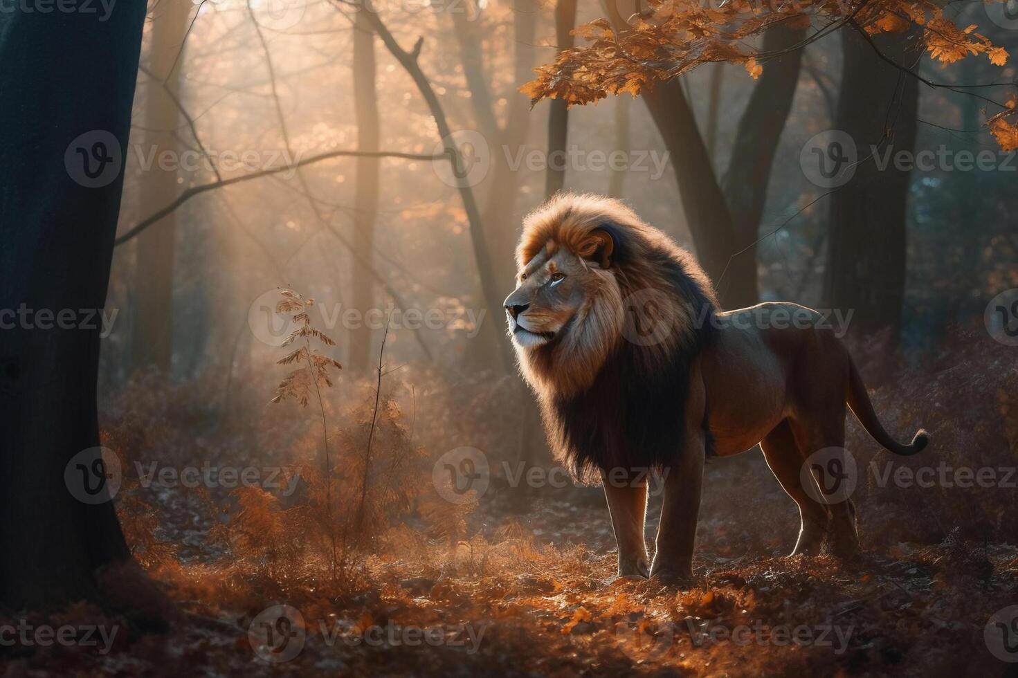 ai generado majestuoso león en pie todavía en el bosque. creado con generativo ai foto