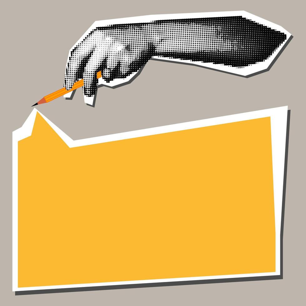 Pencil in hand in the style of pop art grunge. Vector hand with pencil and cloud for lettering. Pop art illustration, collage. Yellow pencil in his hand. Fashionable dot style is a collage. On grey