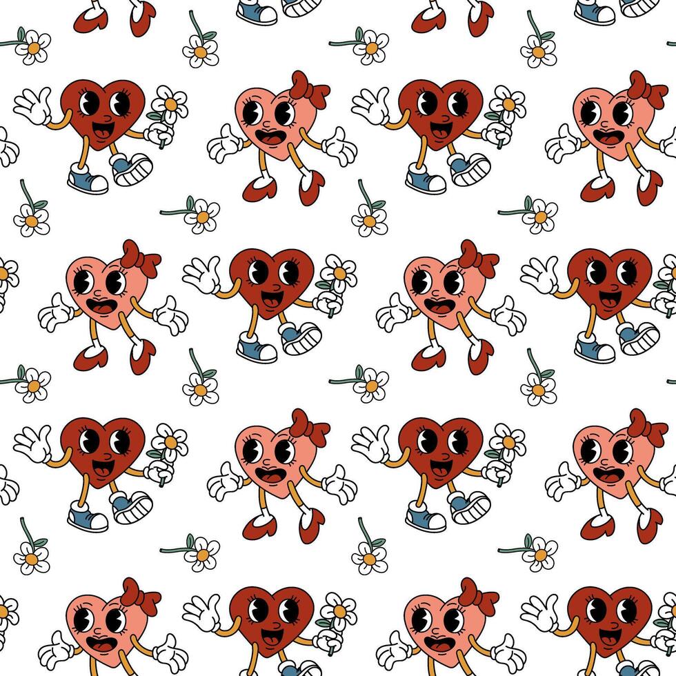 The Trendy groovy heart pattern is a girl and a boy. A pair of heart-shaped characters, a guy gives a flower, a retro character, a meeting. Vector flat for valentine's day. Texture for the holiday