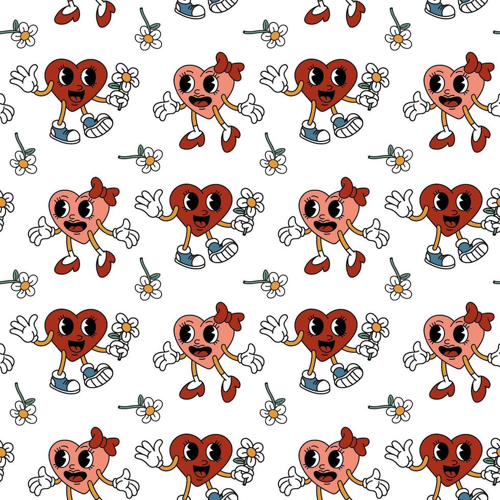 The Trendy groovy heart pattern is a girl and a boy. A pair of heart-shaped characters, a guy gives a flower, a retro character, a meeting. Vector flat for valentine's day. Texture for the holiday