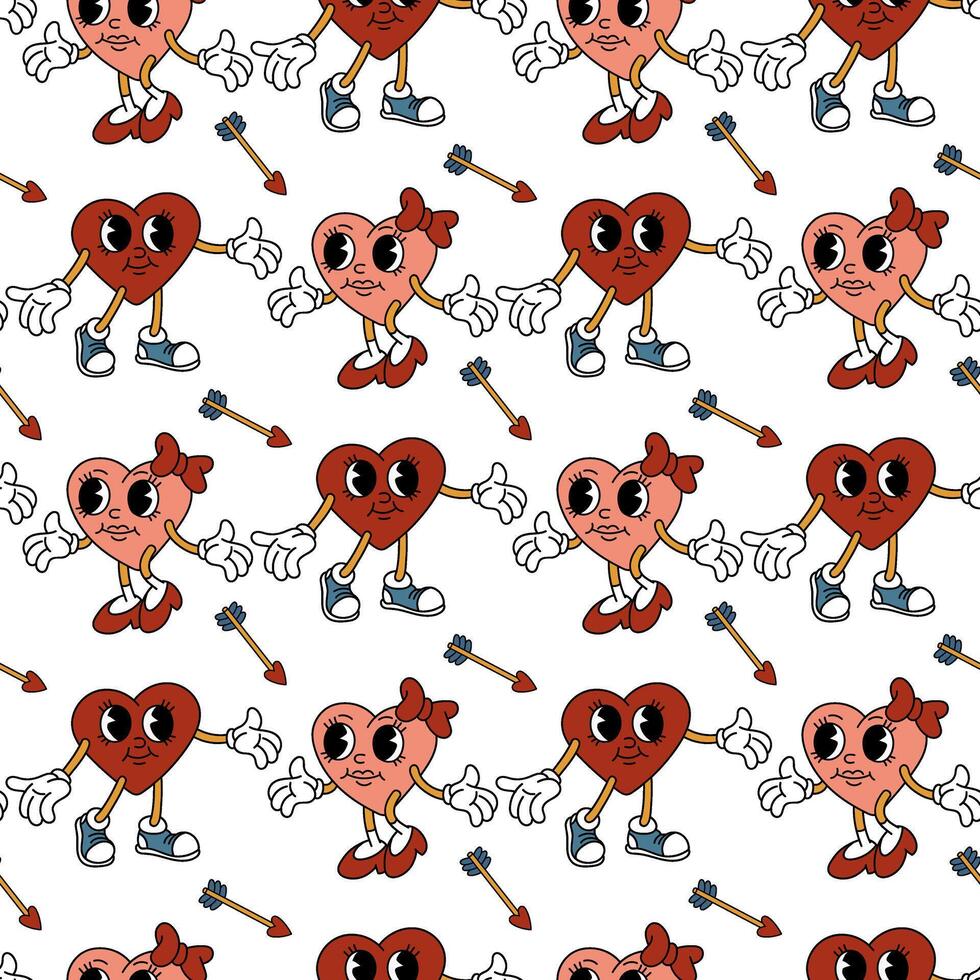 Trendy groovy heart pattern is a girl and a boy. Pair of characters in the shape of a heart, go to meet each other, Cupid's arrow, retro character. Vector flat for valentine's day. Texture for holiday