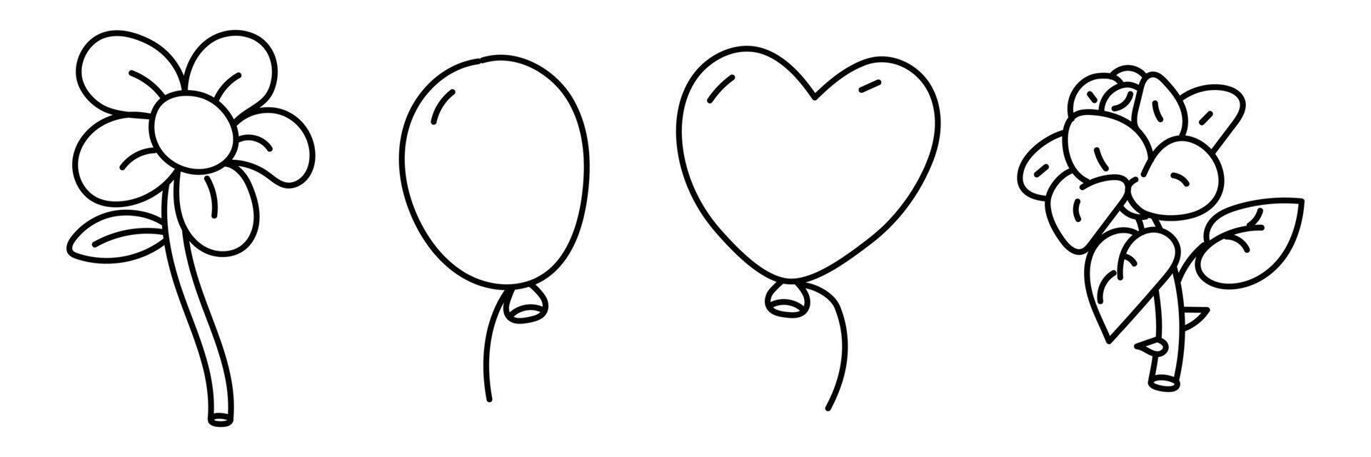 un conjunto de contorneado retro globos y flores Clásico de colores globo en el forma de un corazón y un regular uno, un Rosa y un margarita. aislado vector imágenes en un blanco antecedentes