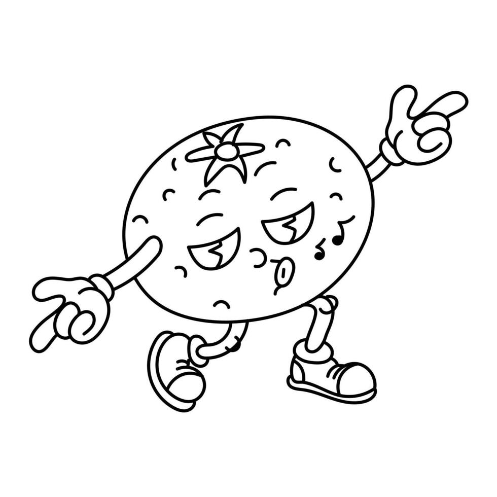 Retro clockwork fruit orange contour. Retro cartoon stickers with funny comic book characters and dancing gloved hands. A fruit with emotions on its face. Cool fruits. Groovy, y2k, 70s, 60s, retro vector