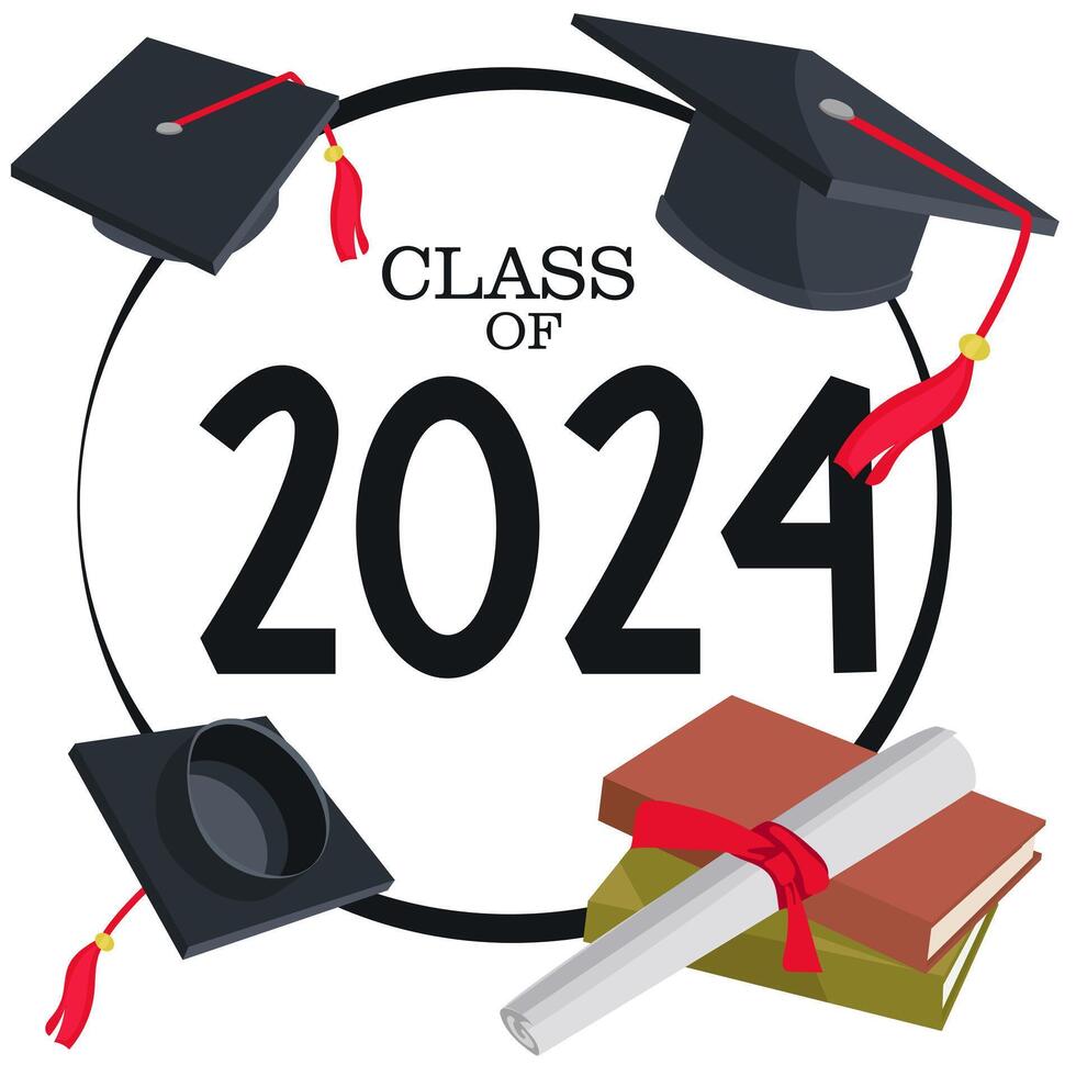 Class 2024 badge design template in black and red colors. Congratulations to graduates 2024 banner sticker postcard with academic hat, diploma for graduation from high school or college vector