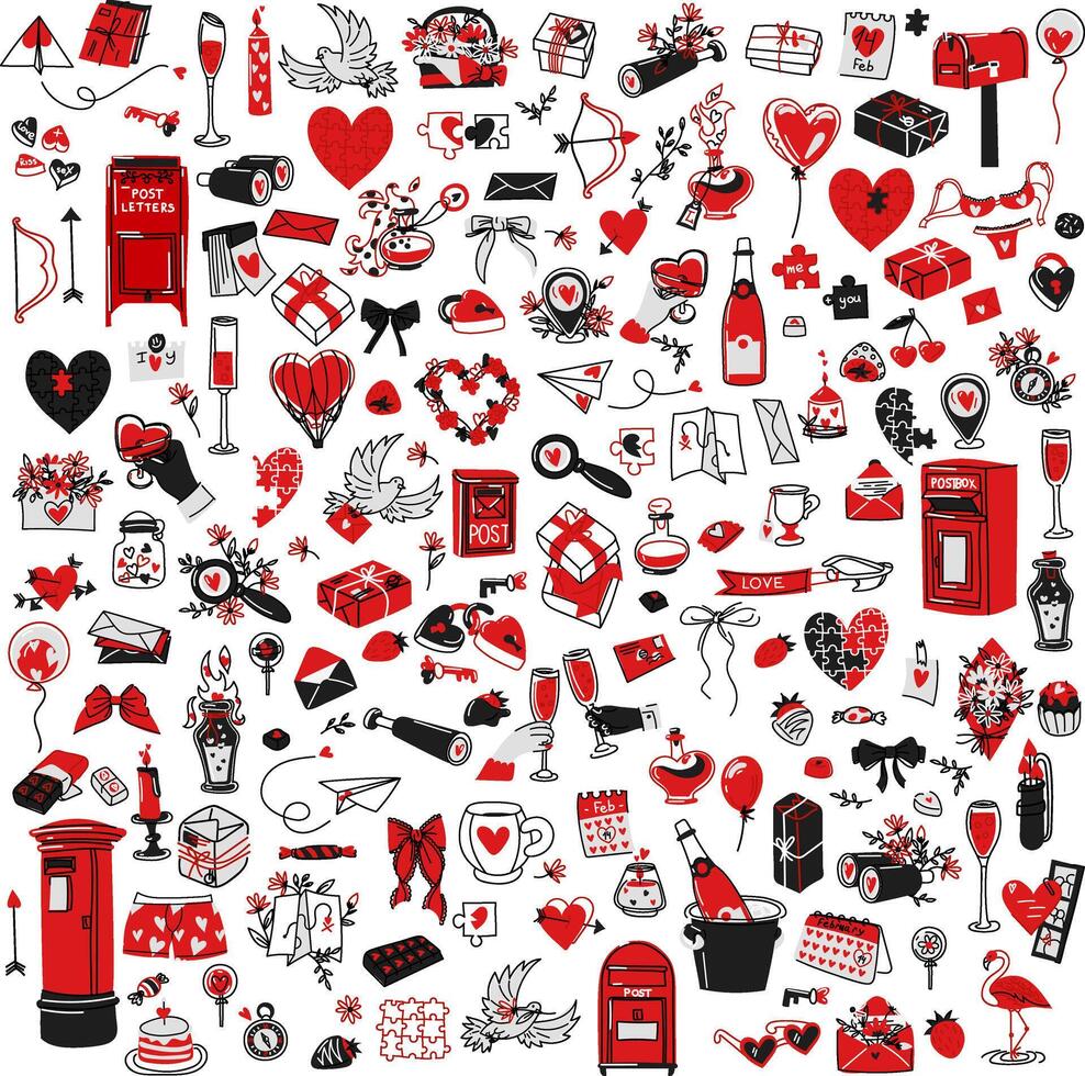 Set is colored large for Valentine's Day in a doodle style. Black and red linear outline. An isolated vector. Objects for lovers are contour illustrations. The sketch with a partial fill of red color vector