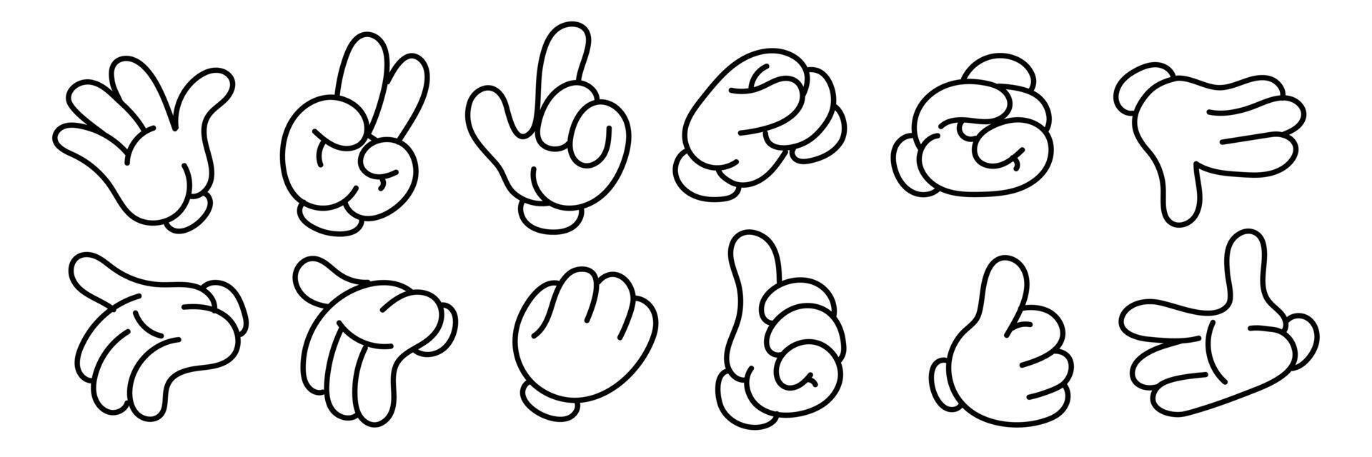 un conjunto de retro enguantado manos. un de moda conjunto de elegante dibujos animados manos demostración varios gestos juguete enguantado manos dos dedos, Tres dedos, pulgares arriba, Frío. gracioso punteros o íconos vector