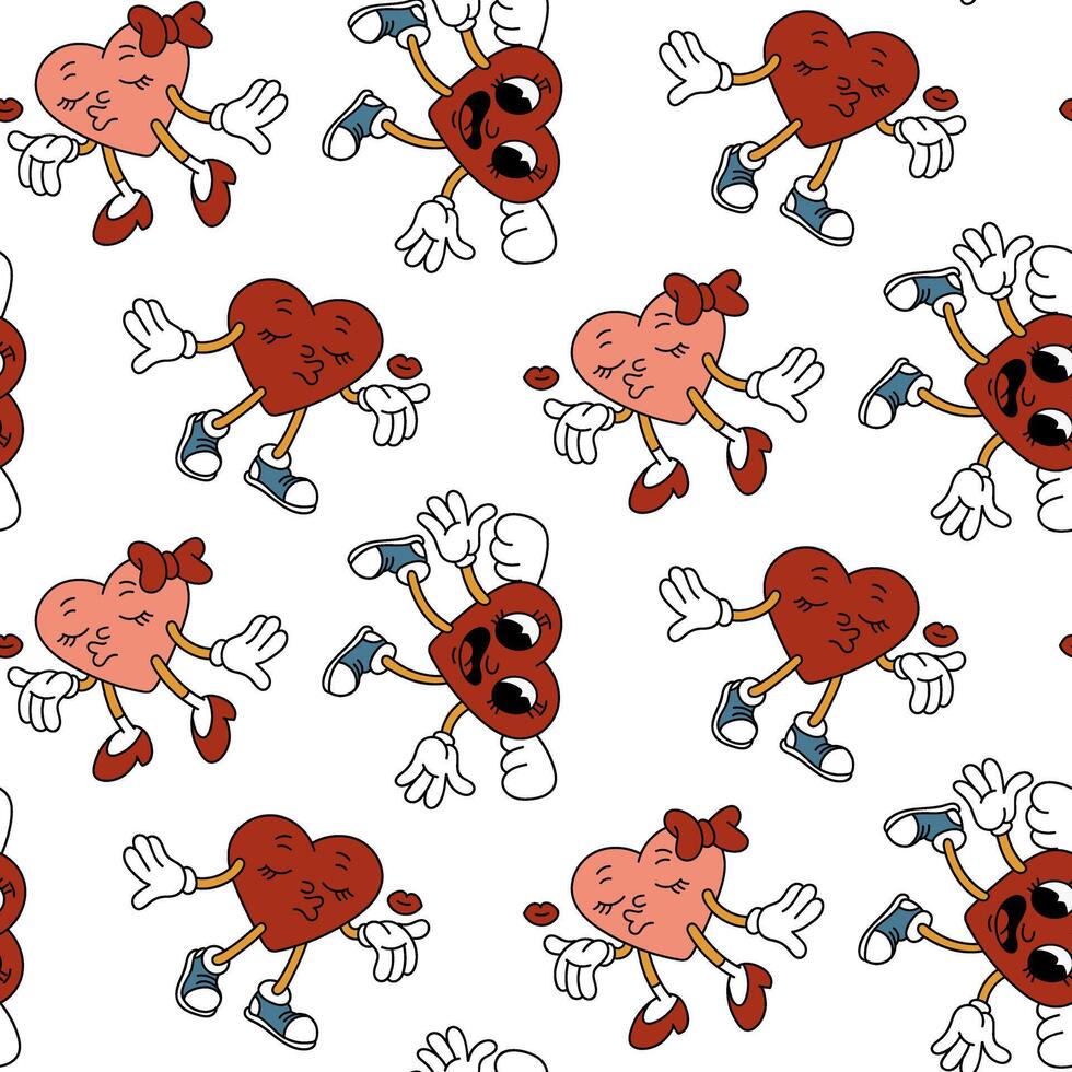 The Trendy groovy heart pattern is a girl and a boy. A pair of heart-shaped characters blow a kiss, the retro character Cupid is watching. Vector flat for valentine's day. Texture for the holiday