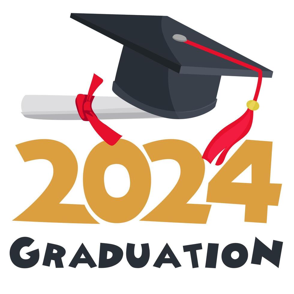 Vector illustration. Class 2023 badge design template in black and red colors. Congratulations to graduates 2023 banner sticker postcard with academic hat, diploma for graduation from high school