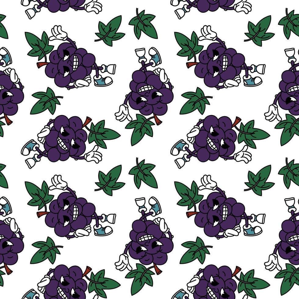 Retro fruit grape groove pattern. Cute retro cartoon character. Cool vintage summer seamless pattern. Fashionable old style.The 1970s. Bright fruits. Emotions. For menus, cafes, decorations, packaging vector