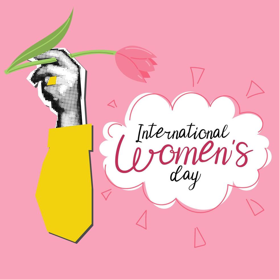 A woman's hand with a flower and text in the cloud is International Women's Day. Dotted female arms with tulips, Yellow sleeve. Grunge, collage, semitones, dots. The banner is pink for the holiday vector