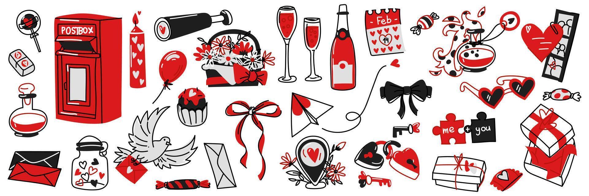 Doodle style Valentine's Day set. Black and red linear outline. An isolated vector. Envelopes with hearts, keys and locks, bouquet, mail, champagne, sweets, bows, candles, pigeon and others vector