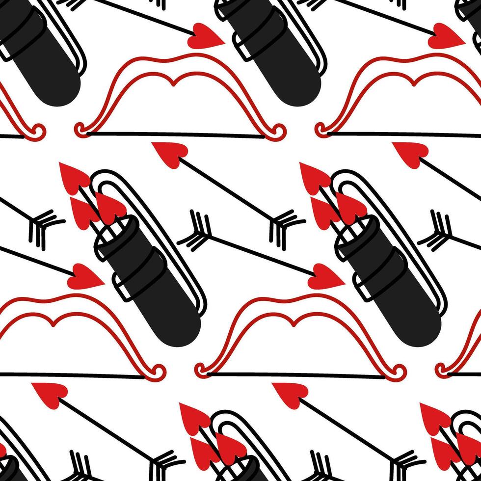 Pattern of arrows, bow and quiver are made in the style of red doodles. Ornament of bow shooters with arrows in the shape of a heart. Texture for Valentine's Day bow with arrow, quiver in black colors vector