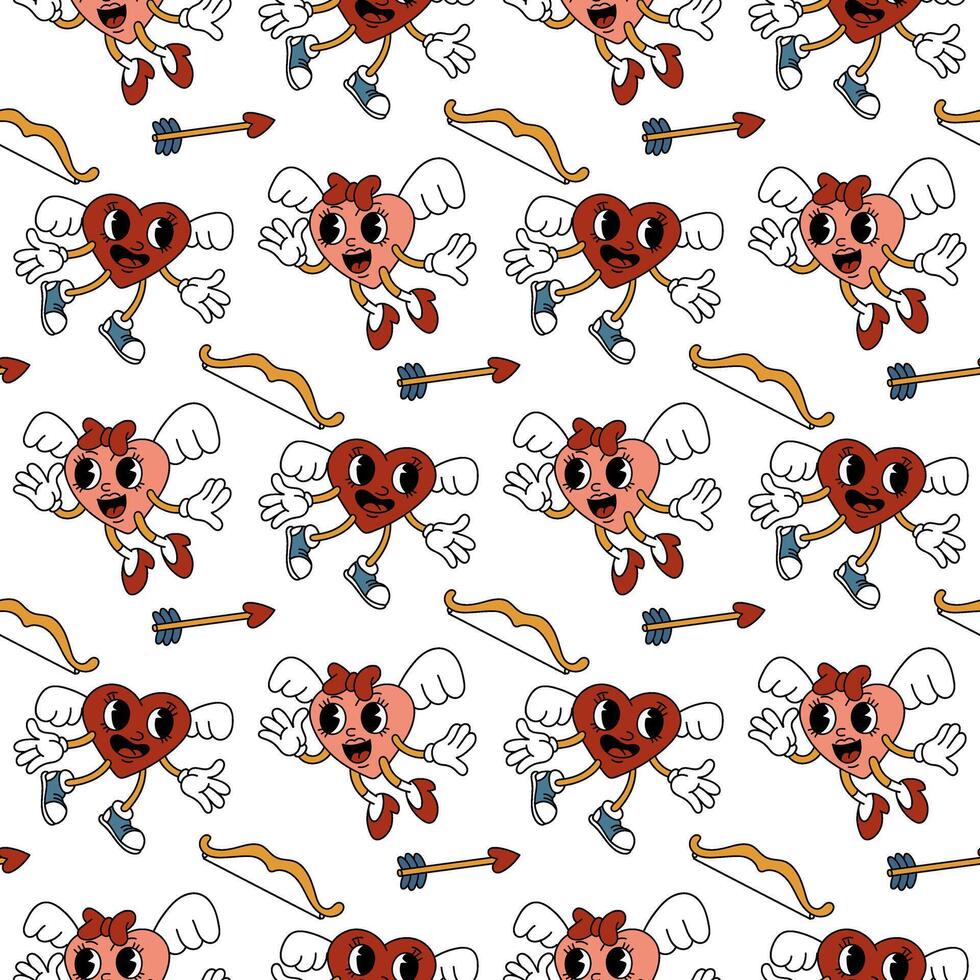 Trendy groovy heart pattern is a girl and a boy cupids. A pair of heart-shaped characters flying to meet each other, an arrow and a bow, a retro character. Vector flat for valentine's day. Texture