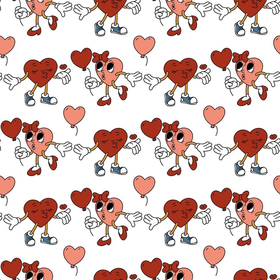 Trendy groovy heart pattern is a girl and a boy. Pair of heart-shaped characters, a guy blowing a kiss, a girl with a balloon, a retro character. Vector flat for valentine's day. Texture for holiday