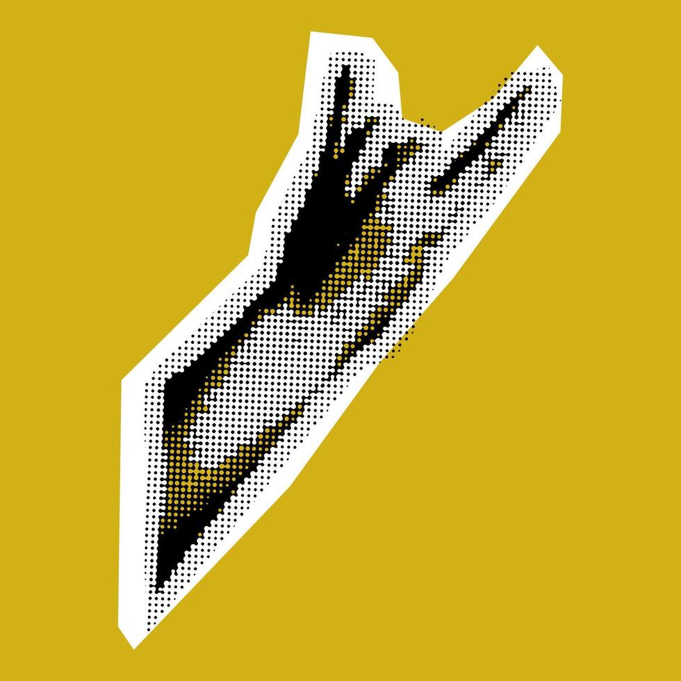 A rocker's hand with a grunge-pop-art-rock collage. A black yellow dot picture. The product looks like a clipping from a magazine. Bright large and small dots create a shape. Hand up, the sign of doom vector