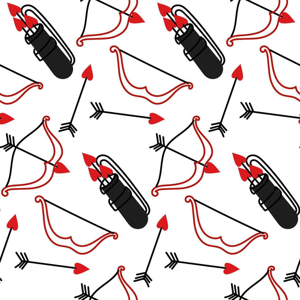 Pattern of arrows, bow and quiver are made in the style of red doodles. Ornament of bow shooters with arrows in the shape of a heart. Texture for Valentine's Day bow and arrow stretched for shooting vector