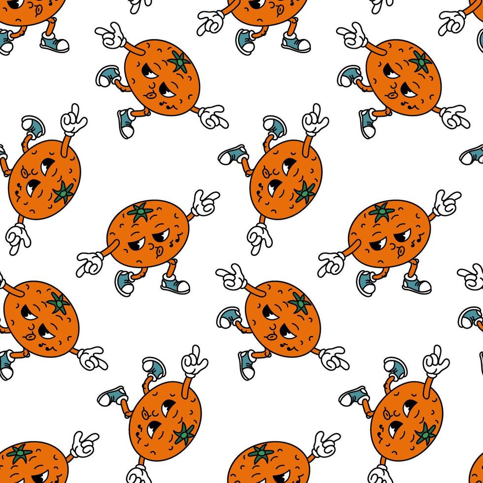 Retro fruity orange groove pattern. Cute retro cartoon character. Cool vintage summer seamless pattern. Fashionable old style. 1970s. Bright fruits. Emotions. For menus, cafes, decorations, packaging vector