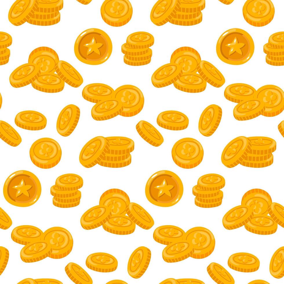 Pattern of gold coins with clover and stars. Vector seamless pattern for St. Patrick's Day with gold coins and a bonus on a white background. Wealth, luck, brilliance. Holiday packaging for good luck