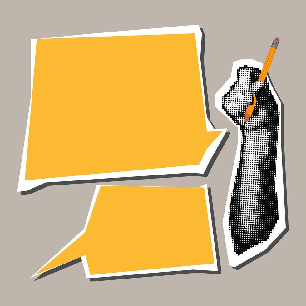Pencil in hand in the style of pop art grunge. Vector hand with pencil and cloud for lettering. Pop art illustration, collage. Hand holds a yellow pencil. Fashionable dot style for collages. On grey