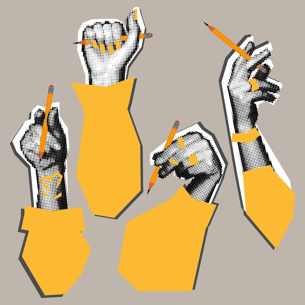 Set of hands with a pencil in the style of pop art grunge collage. Vector hands with pencil and fashionable things. Pop art illustration, collage. Yellow pencil and details. Fashionable dotted on grey