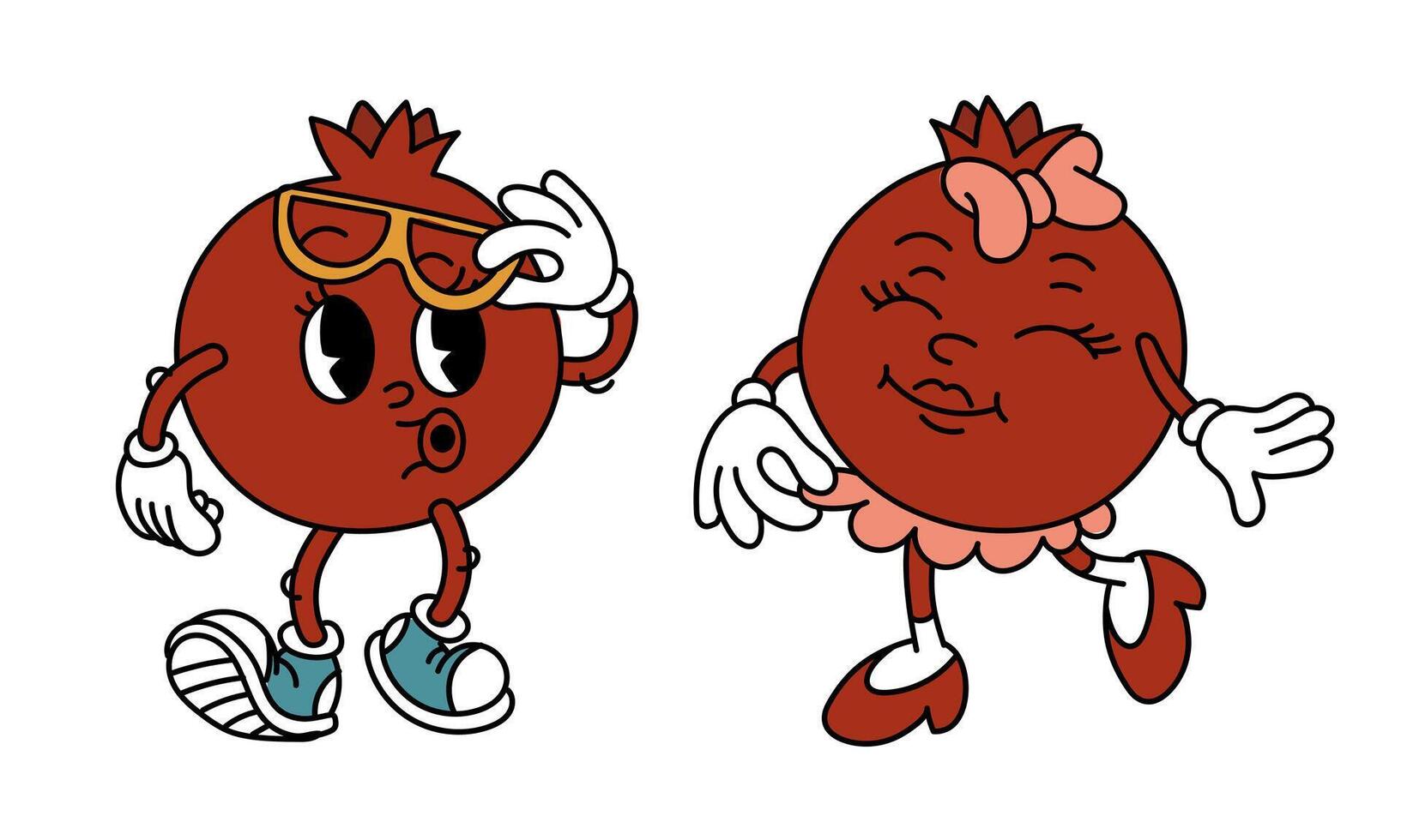Retro pair of Groovy pomegranate fruits. Emotional stickers with funny comic book characters, gloved hands, a boy, a girl. Grenades with emotions on their face. Cool fruits. Funny y2k, 70s, 60s, retro vector