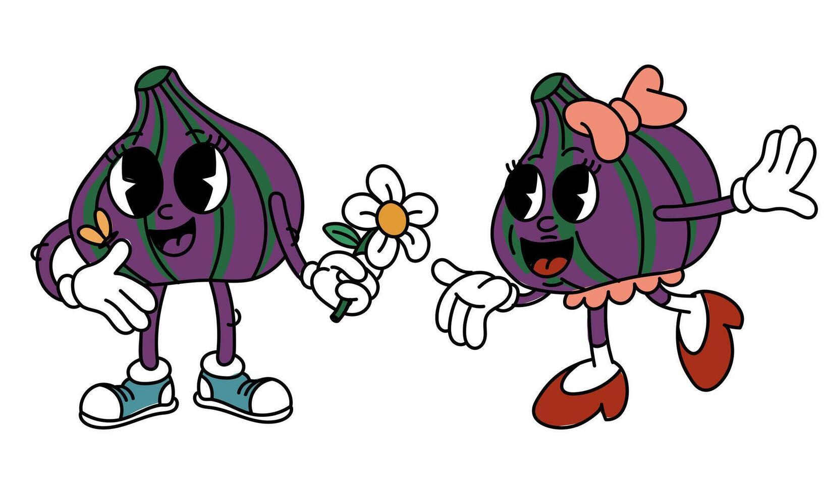Retro pair of Groovy fig fruits. Emotional stickers with funny comic book characters, gloved hands, a boy and a girl. Figs with emotions on their face. Cool fruits. Funny y2k, 70s, 60s, retro vector