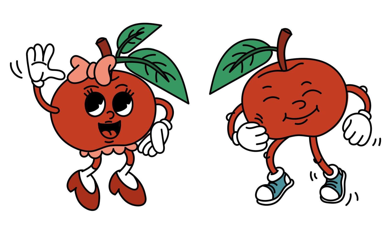 Retro pair of Groovy apple fruits. Emotional stickers with funny comic book characters and gloved hands, a boy and a girl. Apples with emotions on their face. Cool Fruits Groovy, y2k, 70s, 60s, retro vector