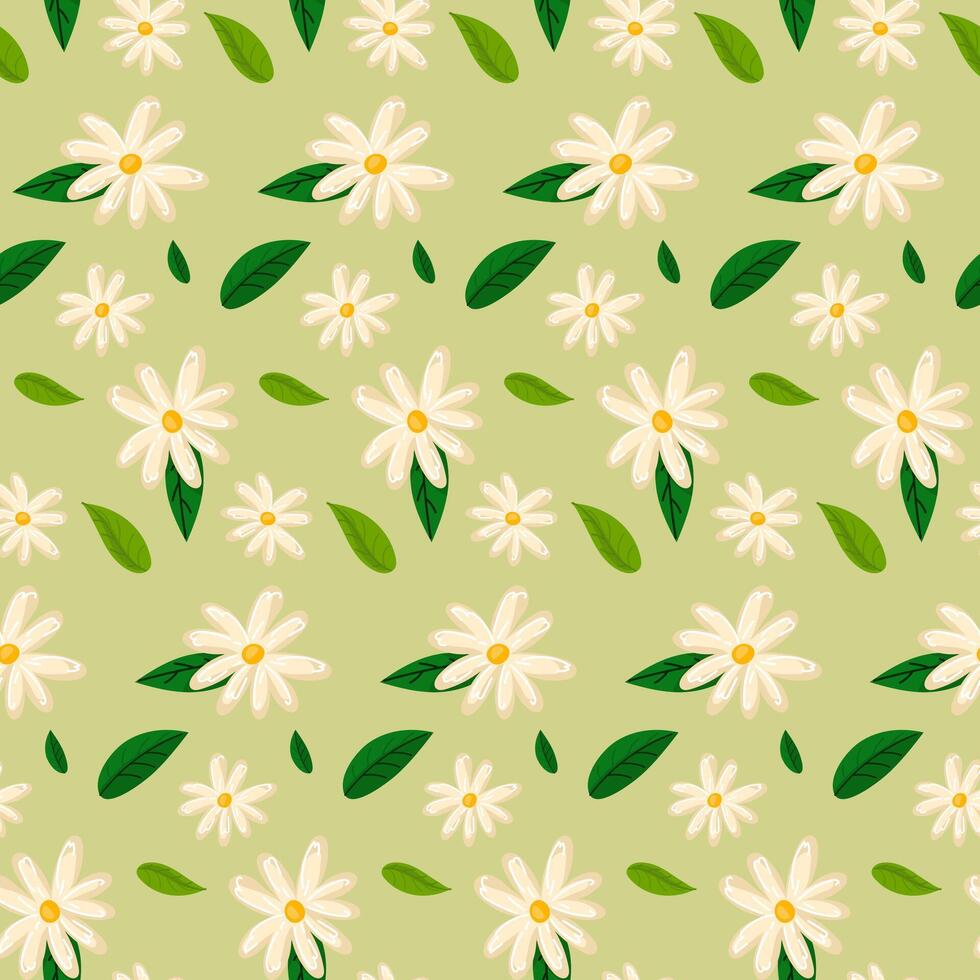 The pattern of flowers is spring daisies on a green background. Boho. Delicate colors, blooming. Vector floral pattern in doodle style with flowers and leaves. Delicate, spring floral background