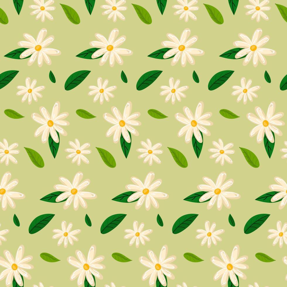 el modelo de flores es primavera margaritas en un verde antecedentes. boho delicado colores, floreciente. vector floral modelo en garabatear estilo con flores y hojas. delicado, primavera floral antecedentes