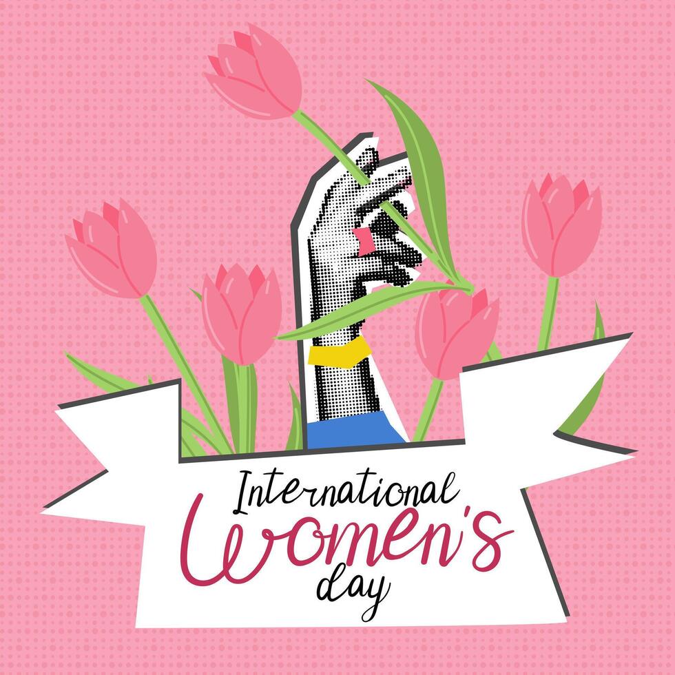 Woman's hand with a flower in tulips. Text in the feed is International Women's Day. Woman's polka dot hand with tulips, blue sleeve. Grunge, collage, semitones, dots. The banner for holiday is pink vector