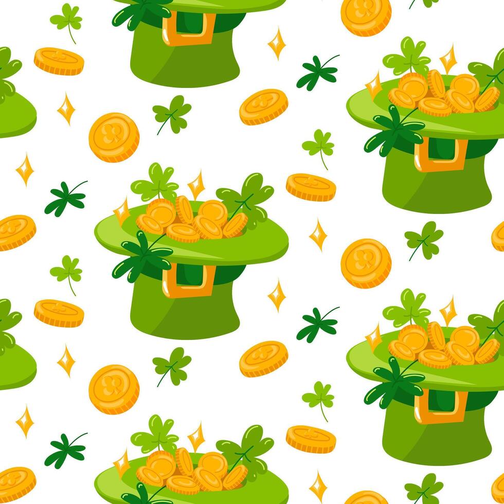 Hat pattern with clover and gold coins. Vector seamless pattern for St. Patrick's Day. A leprechaun hat and gold coins in it on a white background. Luck, wealth, flower, holiday, packaging, repeat