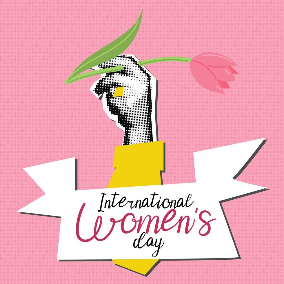 A woman's hand with a flower and text in the ribbon International Women's Day. A woman's polka-dot hand with tulips, yellow sleeve. Grunge, collage, semitones, dots. The banner for the holiday is pink vector