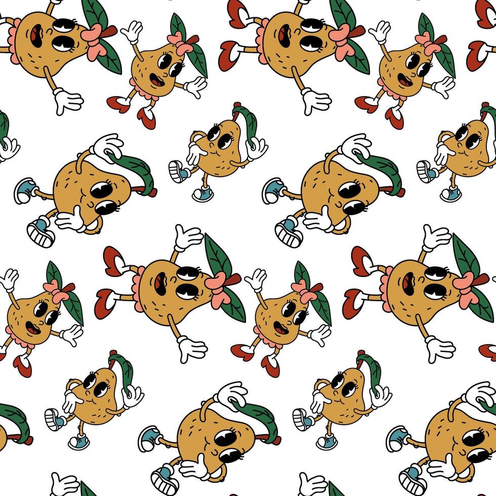 Retro fruit pattern in the form of a pair of groove pears. Cute retro boy and girl characters. Cool vintage summer seamless pattern. Fashionable old style. The 1970s. Emotions of fruits. Packaging vector