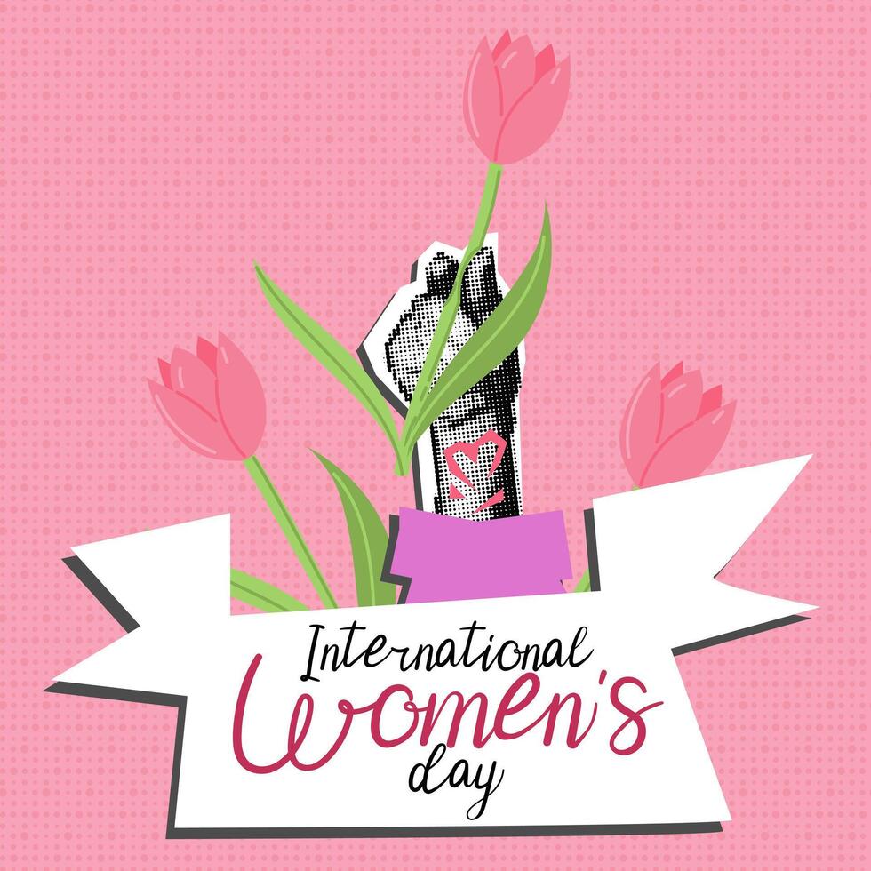 Woman's hand with a flower in tulips. The text in the feed is International Women's Day. A woman's polka dot hand with tulips, pink sleeve. Grunge, collage, semitones, dots. Banner for holiday is pink vector