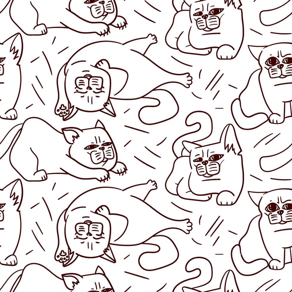 A pattern with cartoon contour cats. Cartoon fat linear cats demonstrate emotions. A kitten is an animal in different poses. Vector cats in stripes with different emotions and positions on a white