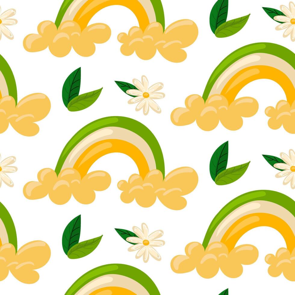 Pattern flowers spring daisies rainbow. Cute hand-drawn daisy flower, rainbow and leaves on a seamless pattern background. Packing for spring. The first day of spring, St. Patrick's Day vector