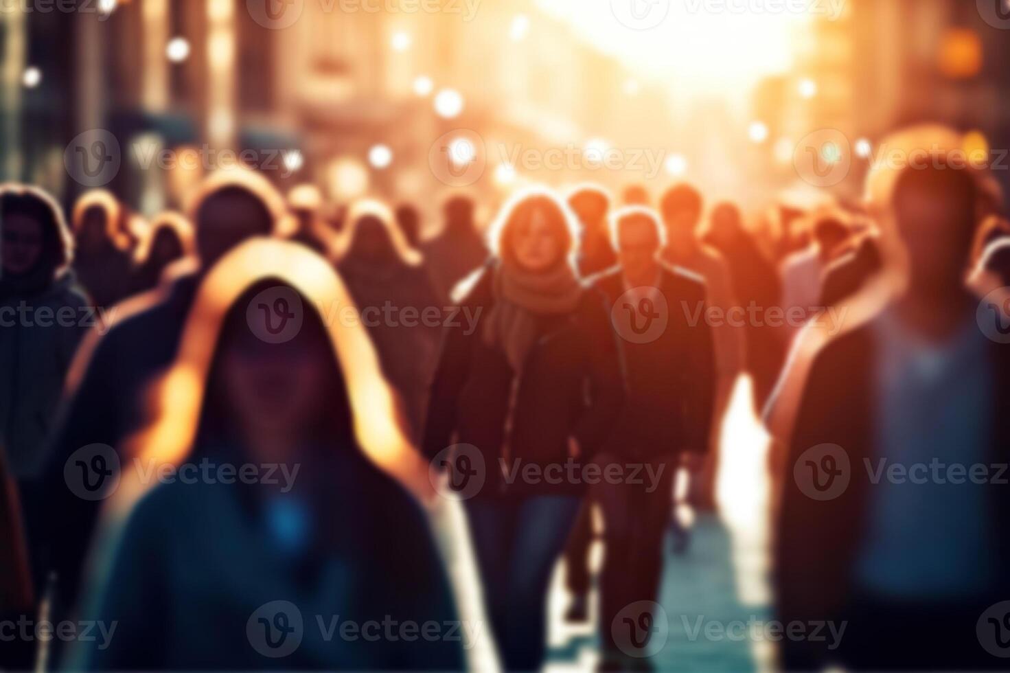 AI generated Dynamic Urban Life Blurred Crowd in Fast-Moving City Streets with Soft Bokeh. created with Generative AI photo