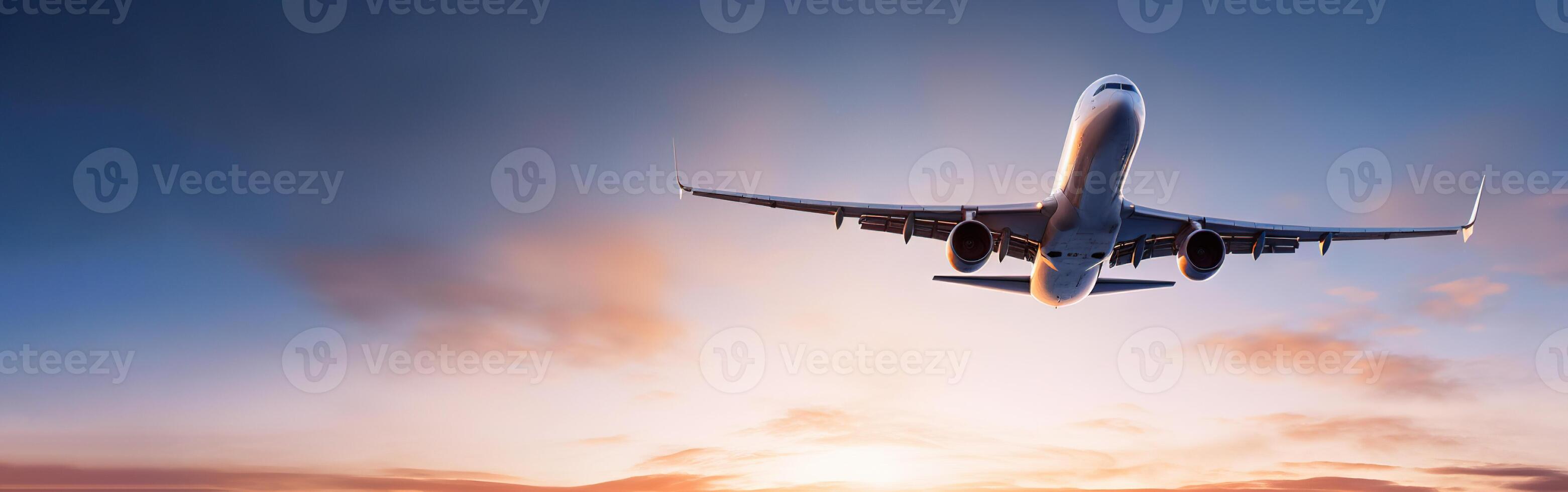 AI generated Commercial airplane soaring during sunset. created with Generative AI photo