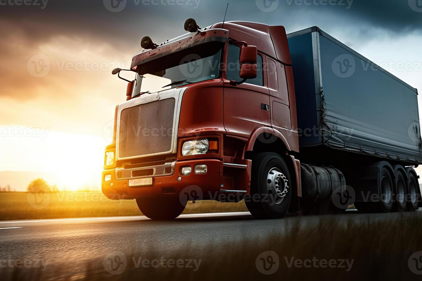 AI generated Truck Silhouetted Against a Golden Sunset Sky. created with Generative AI photo